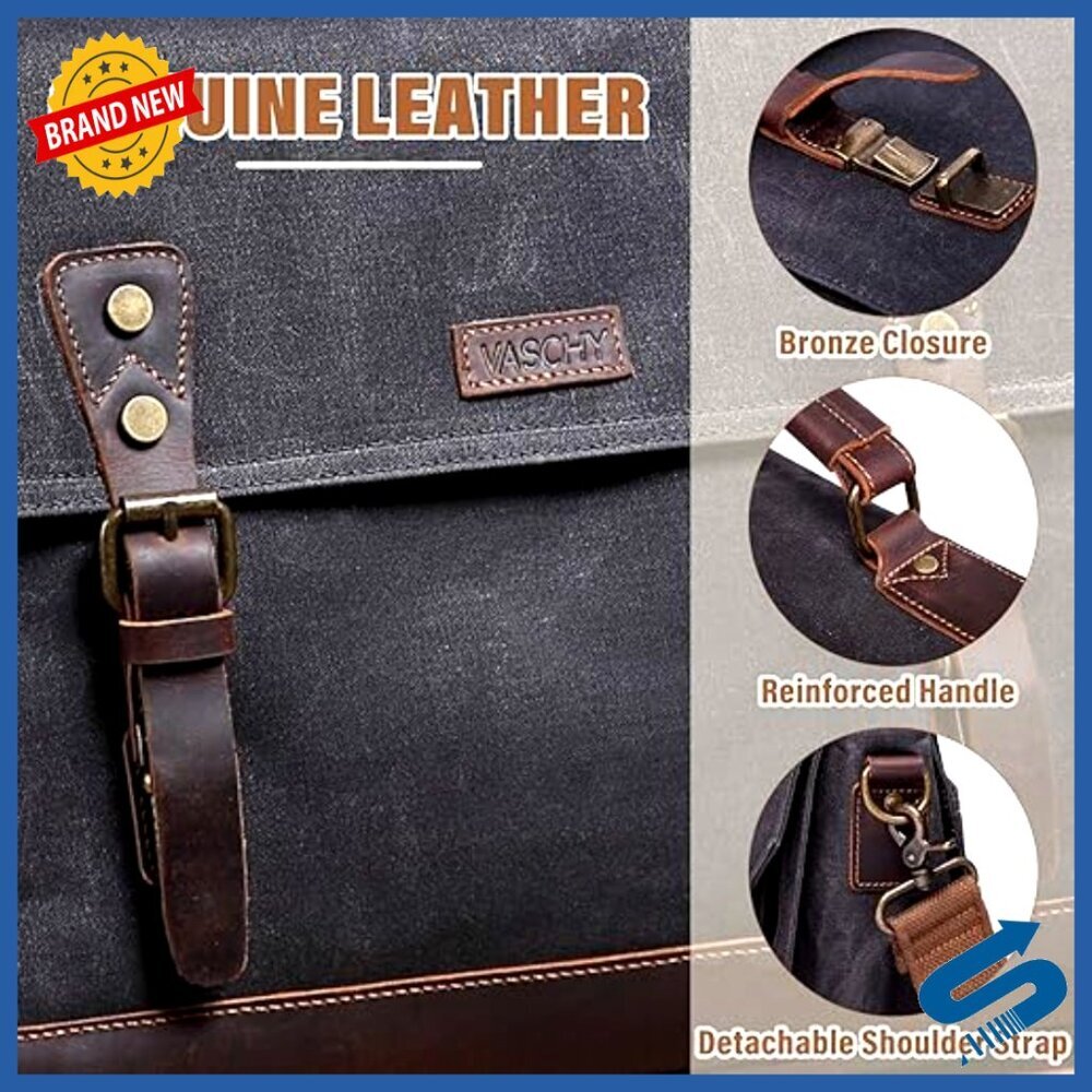 Vintage Canvas Leather Messenger Bag Laptop Satchel Briefcase Business Casual - Picture 4 of 7